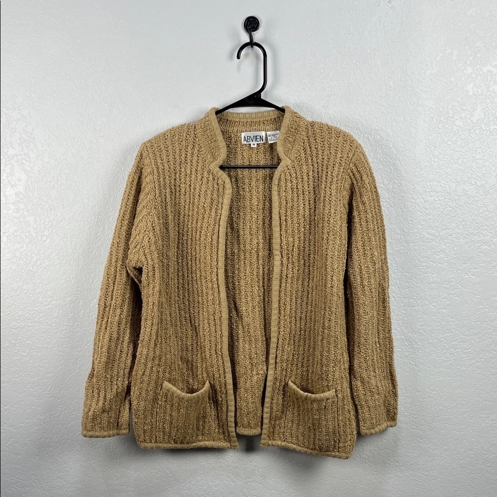 Vintage ABVIEN Tan Women's Open Sweater Long Sleeve Wool Blend Sz M Chic Casual